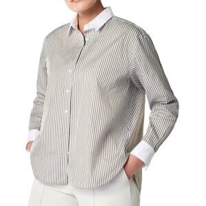 Spanx Women's Large White Brown Striped Relaxed Fit Poplin Button Front Shirt